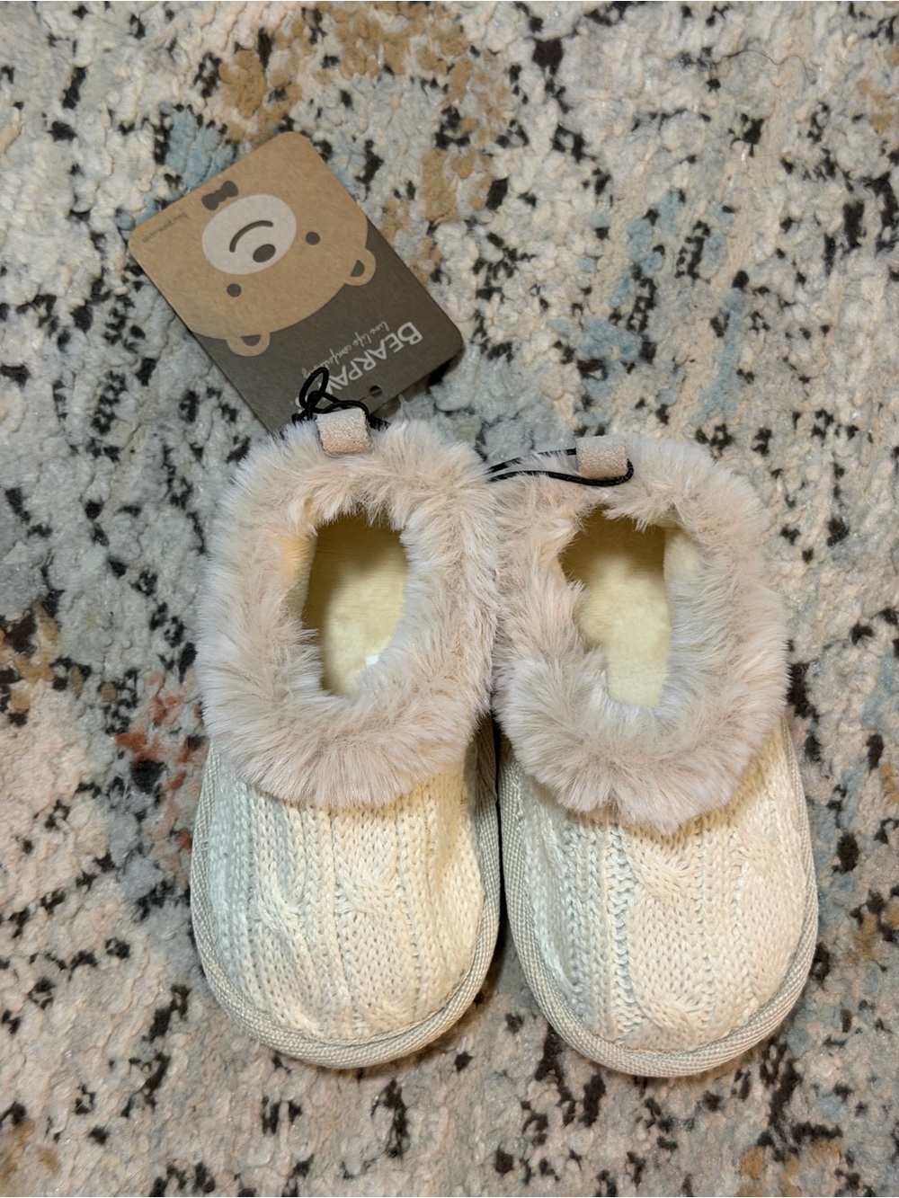 BearPaw Kids Cream Knit Faux-Fur Slippers